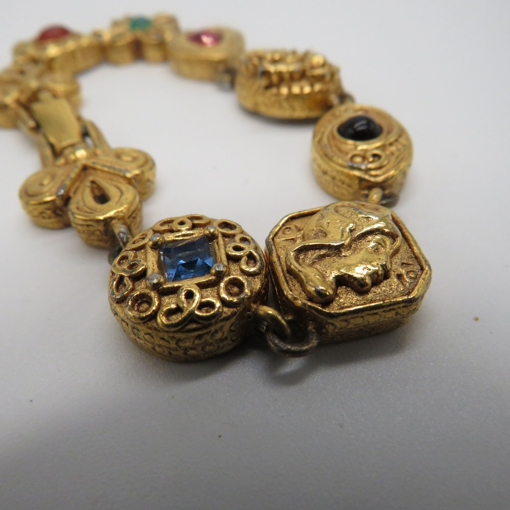 Vintage Gold Tone Multi Color Bead Charm Link Bracelet 7 Inch Ornate Boho - Picture 6 of 11